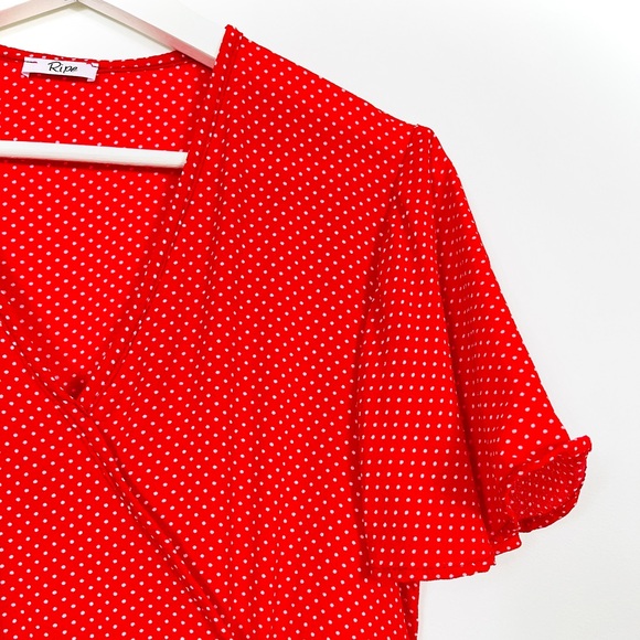 Ripe Red Polka Dot Faux Front Wrap Draped Top - Picture 4 of 5